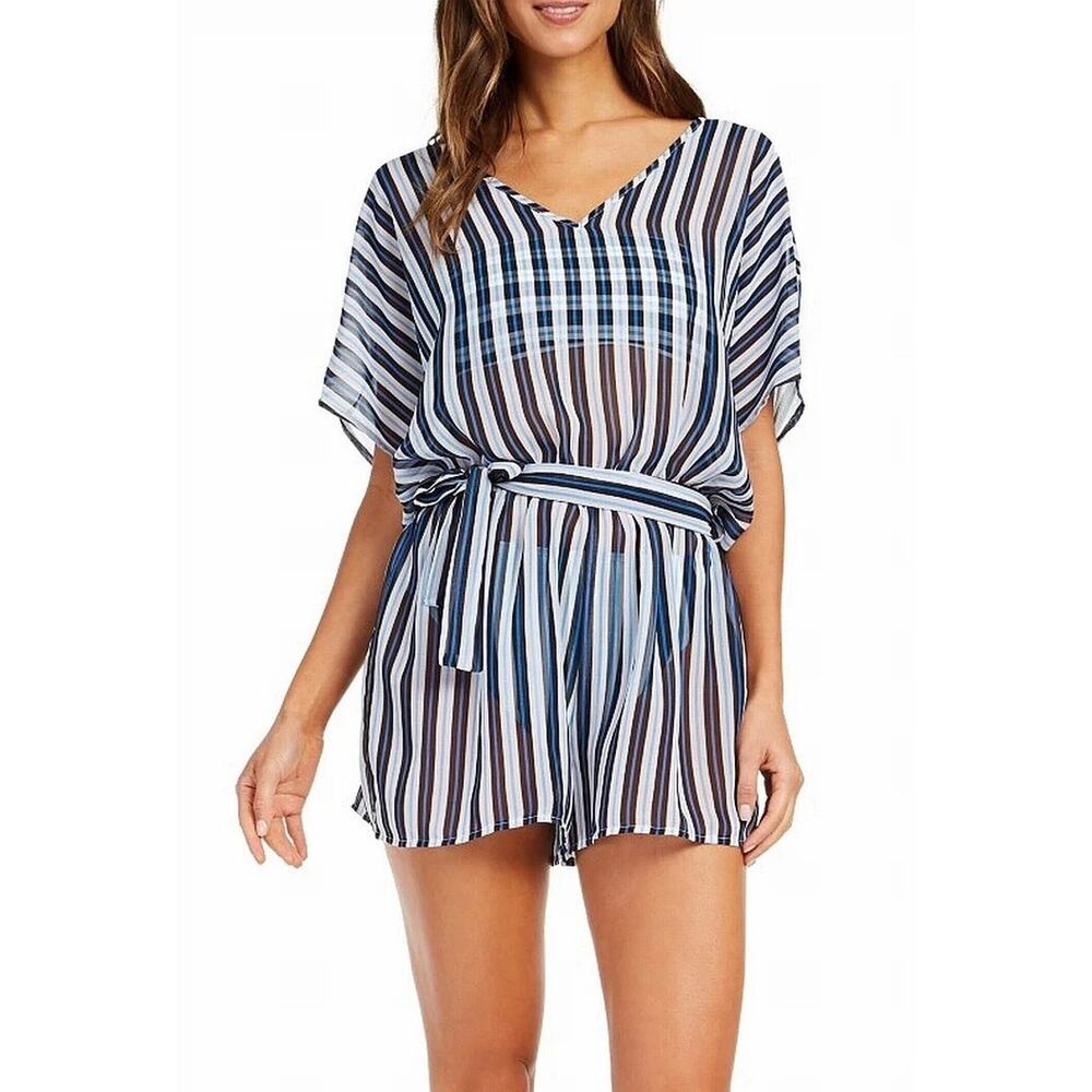 Michael Kors Swim Cover-up Romper L Women's Blue Striped Resort Coastal Vacation
